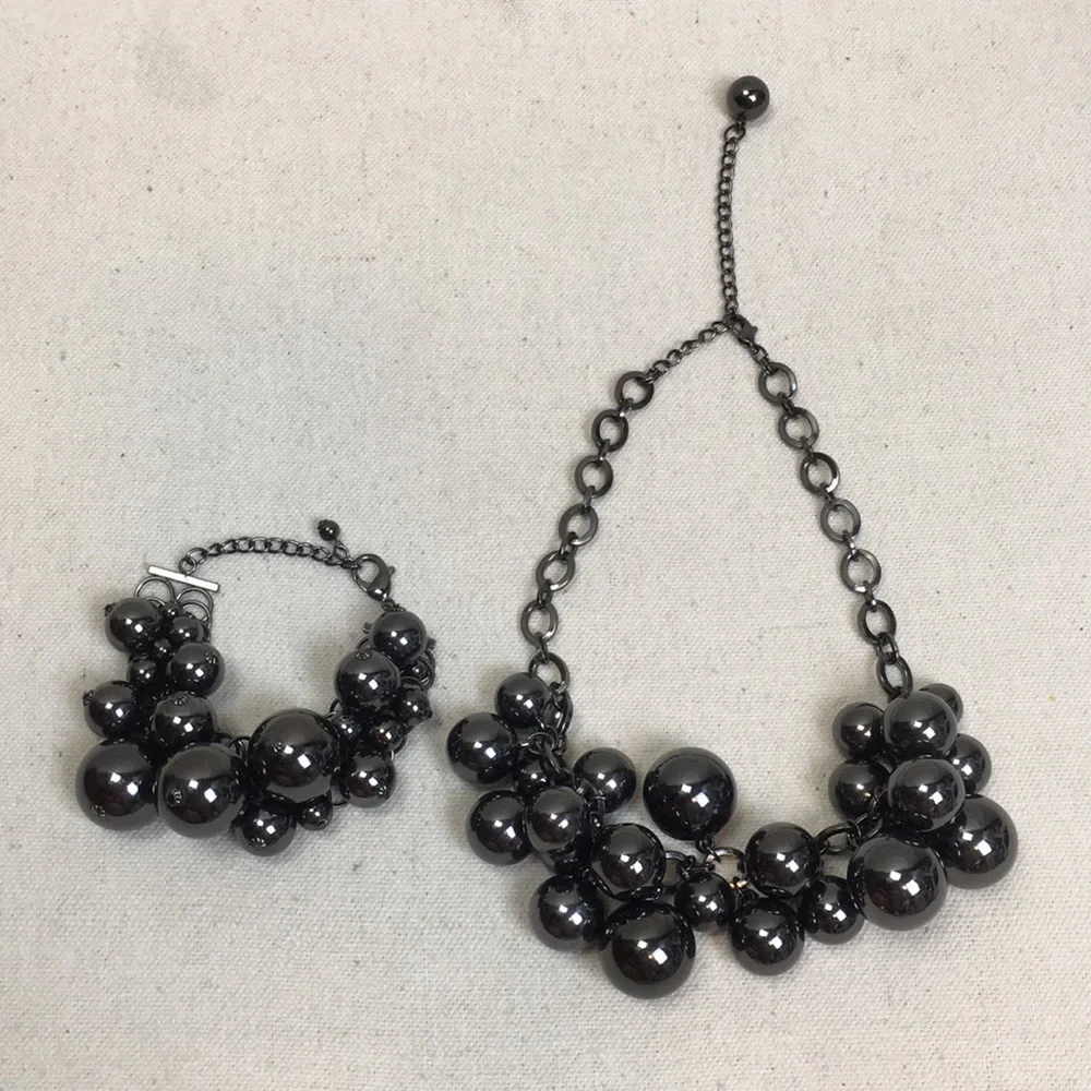 Gunmetal grey bead statement necklace bracelet set